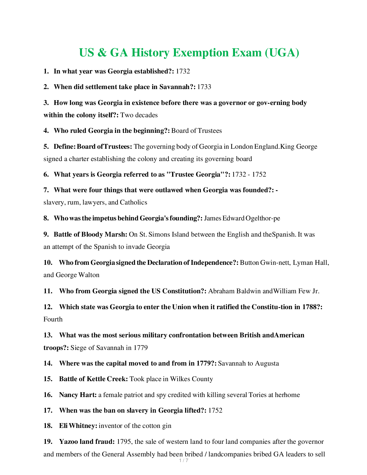 Preview image for US & GA History Exemption Exam (UGA)_US and GA History Exemption Exam (UGA). Score 100